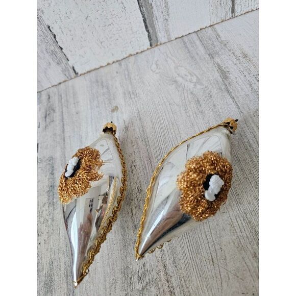 Vintage tinsel teardrop glass ornament Victorian set Xmas silver gold tree - Picture 1 of 9